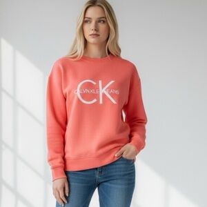 CALVIN KLEIN Crewneck Sweatshirt Women’s Size XL Coral with White Letter…